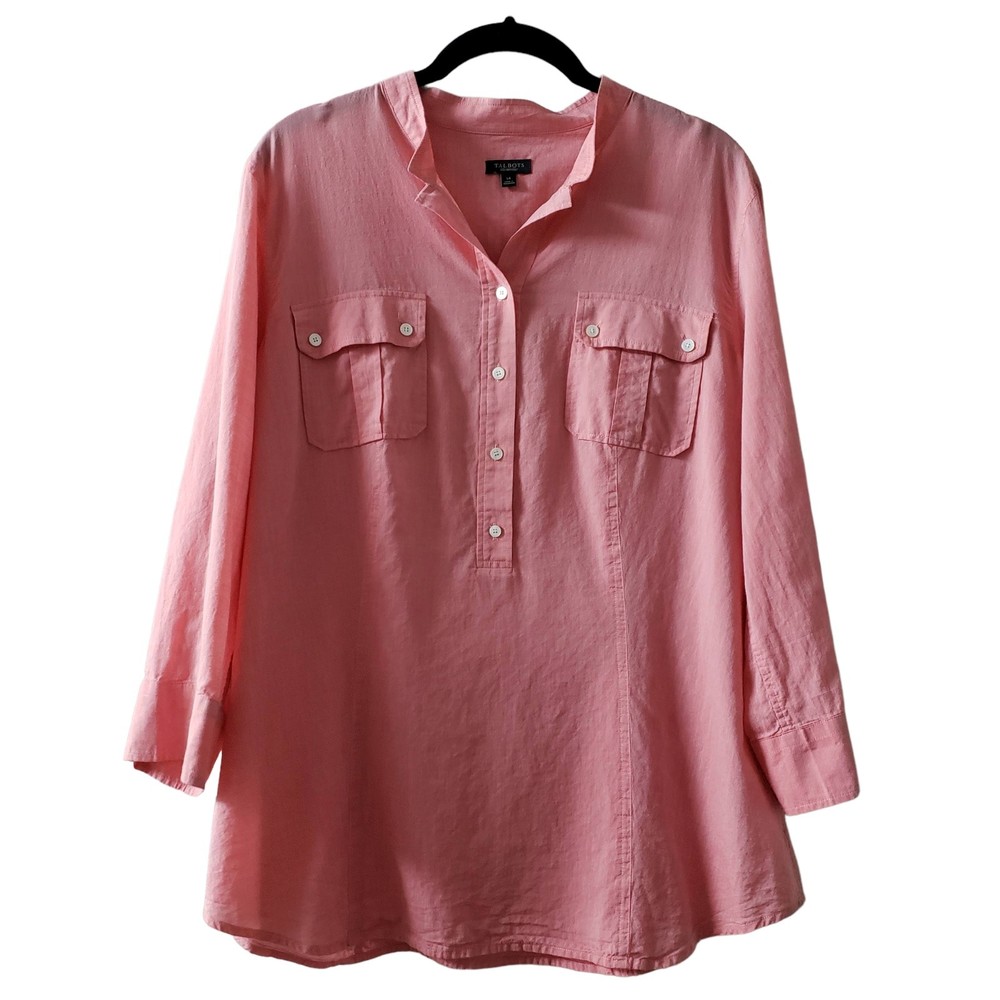 Talbots Band Collar Popover Long Sleeve Shirt/Blouse, Salmon/Coral/Pink, Sz 14